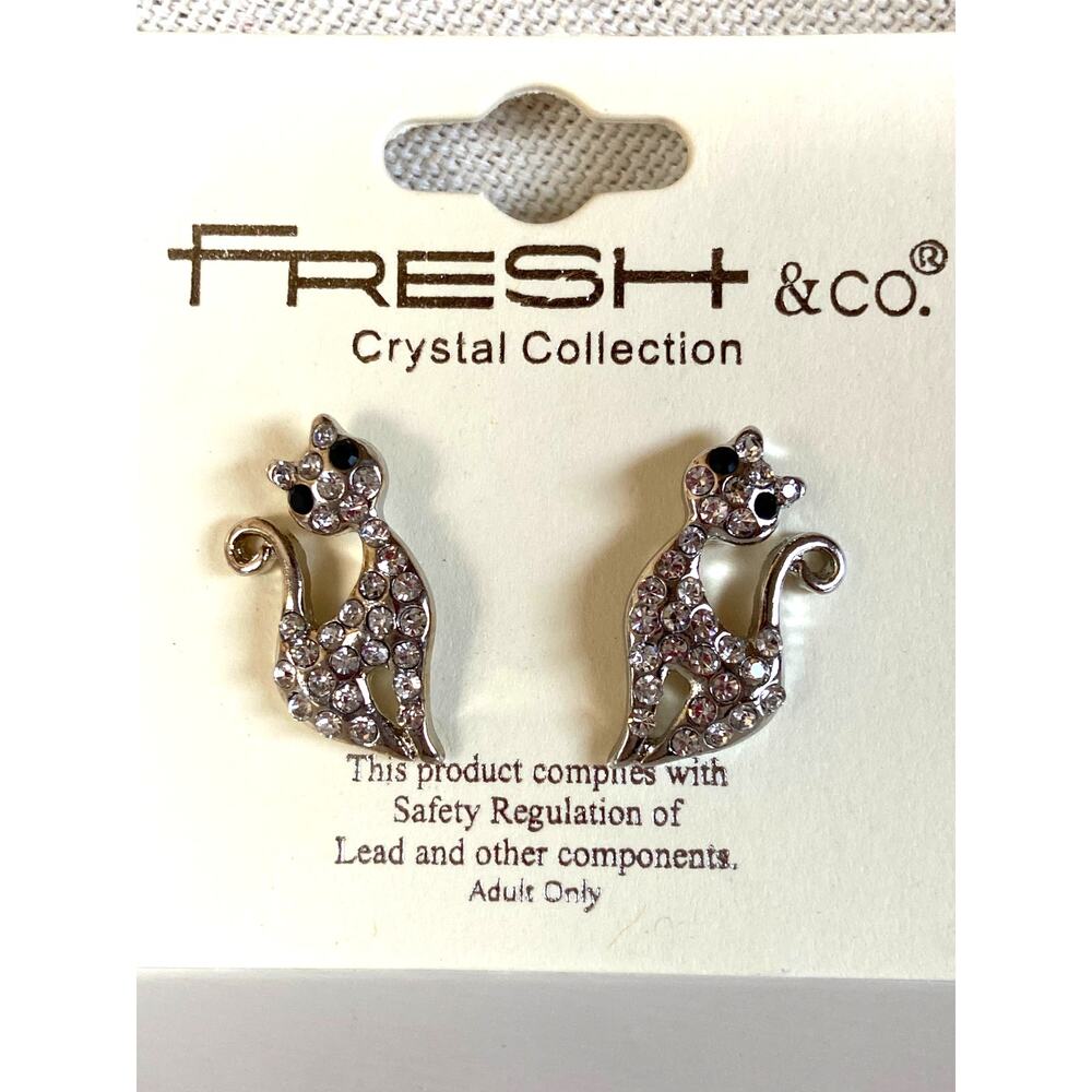 New Silver & Crystal Retro Style Feline Kitty Cat Kitten Post Pierced Earrings